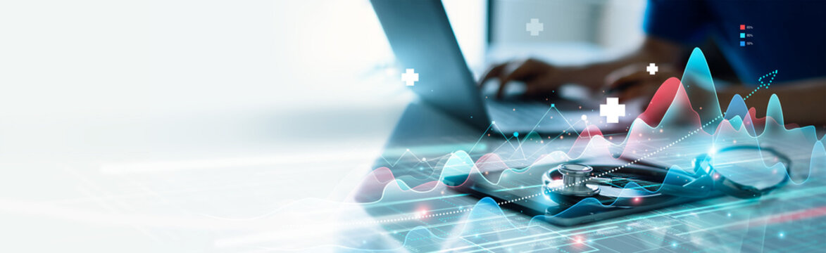 Healthcare business graph and data of Medical business growth, .Businessman analyzing data and growth chart, investment, financial and banking, Medical business report on global network.