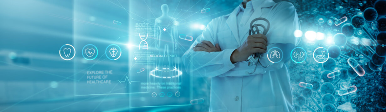 Medical doctor analysis patient smart electronic medical record on medicine network. DNA. Digital healthcare and connected on hologram modern interface, Ai, Medical technology and futuristic.