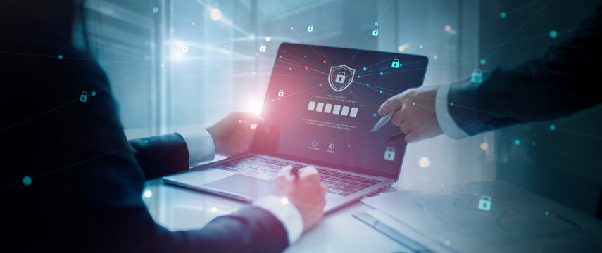 Cyber security, System locked alert after Password and login PIN pass code in laptop. User privacy security and encryption, screen padlock, Cybernetics, Secure internet access, Online security threat.
