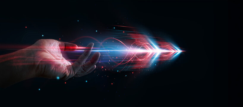Abstract data network with glowing colorful light rays and forwa