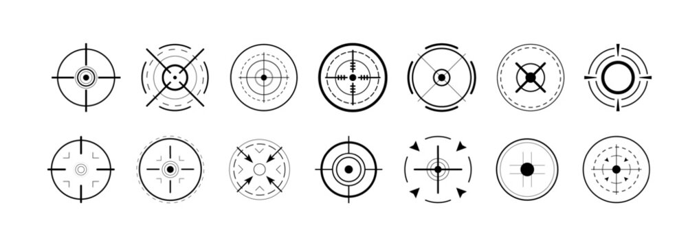 Modern HUD target symbols with glowing aim pointers and digital crosshair shapes PNG. Futuristic vector interface elements for gaming and cyber technology