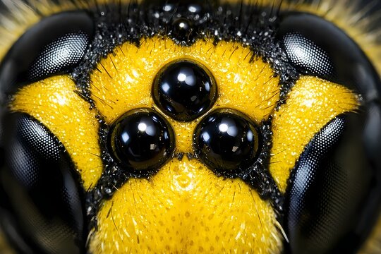 Macro of a yellow wasp head showing compound eyes and three simple ocelli. Great for entomology journals, science education, nature conservation, and pest control marketing.