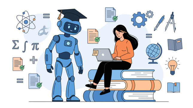 A student sitting on a stack of books using a laptop with a robot tutor.