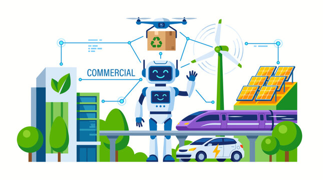 A friendly robot managing a sustainable commercial infrastructure with green energy and automated transport.