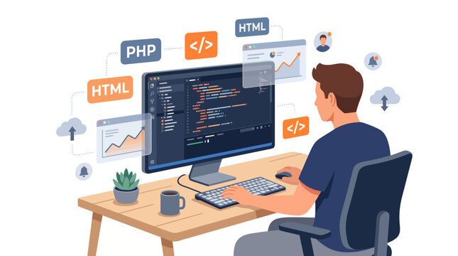 A male software developer working on code at his desk with digital icons floating around.
