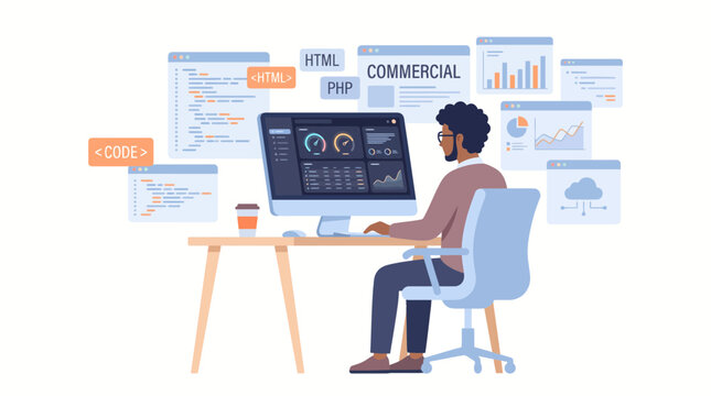 A professional developer working at a computer desk surrounded by digital data and analytics.