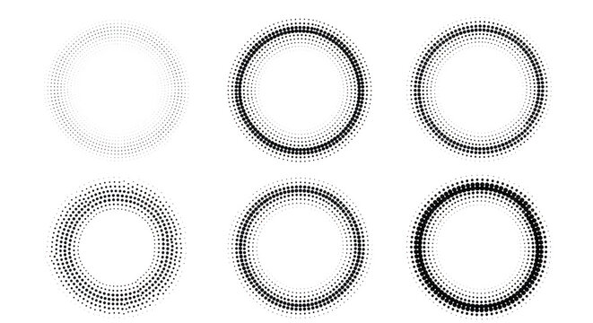 Six circular frames made of silver glitter particles, arranged in two rows against a solid black background for
