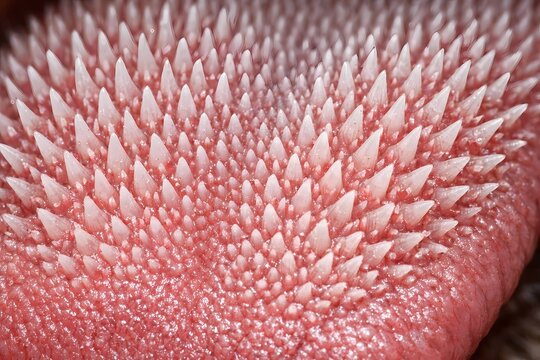 Extreme macro photo of cat tongue papillae spines. Perfect for veterinary medicine articles, feline care blogs, animal behavior books, and educational biological presentations.
