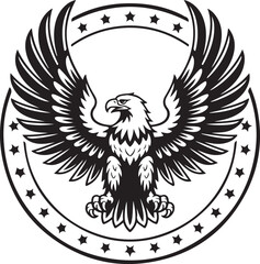 Bold eagle with outspread wings in circular star border © Masud