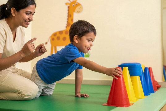 Pediatric Occupational Therapist Helping Young Boy with Motor Skills Exercise