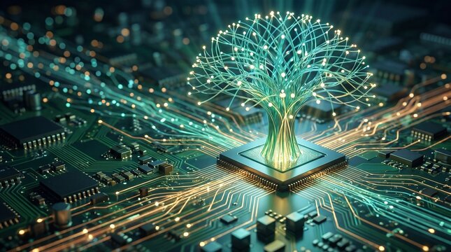 Digital network tree glowing with futuristic quantum ai technology in dark cyber space