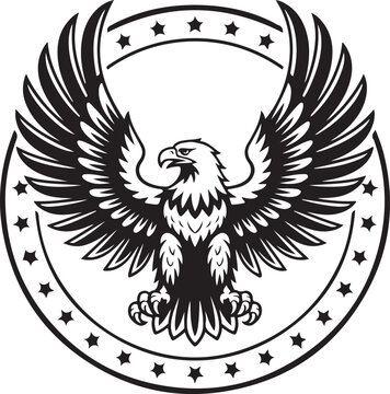 Bold eagle with outspread wings in circular star border