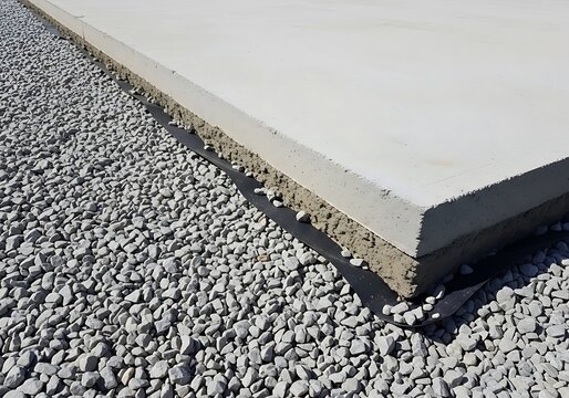 Close-up of a concrete slab foundation on gravel and vapor barrier