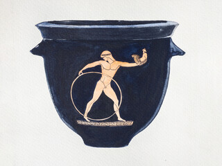 Watercolor illustration of an ancient Greek krater vase featuring Ganymede from Greek mythology in traditional black-figure pottery style © Gunars