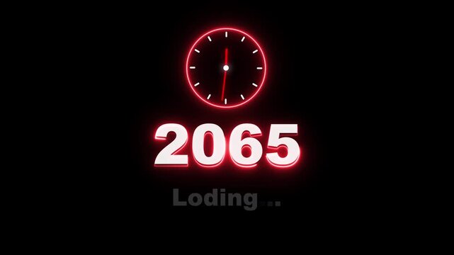 2065 digital text celebration and Calendar neon clock icon bright color animation black background.