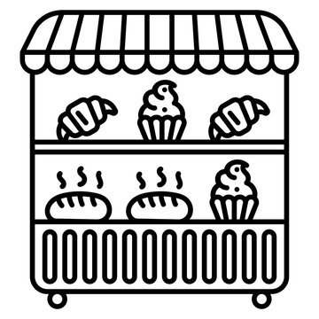 Outline bakery display stand icon with awning, bread, cupcakes, and pastry shelves.