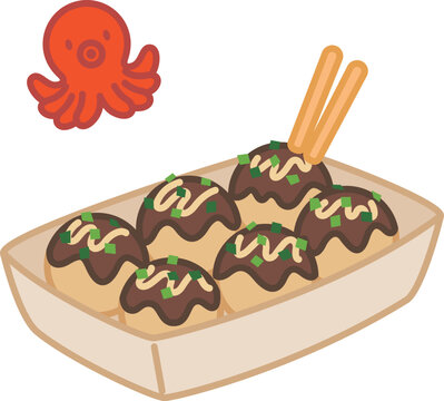 線画ありイラスト：屋台のたこ焼き（たこ付き）