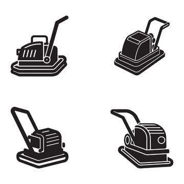 Four black and white illustrations of different plate compactor machines with handles and bases used for construction and paving  industrial equipment for soil and asphalt compaction