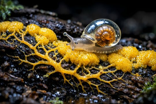 Stunning macro photo of a glass snail on a vibrant yellow slime mold perfect for environmental campaigns science websites and creative nature storytelling high resolution and detailed