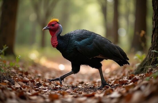 Australian brushturkey bird walks on forest path. Black bird has red head and yellow crest. Wildlife fauna in natural habitat, ground dwelling fowl.