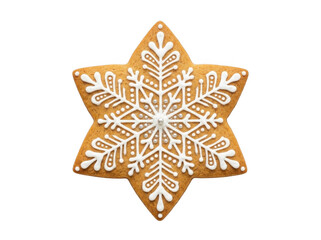 Obraz premium Star-shaped gingerbread cookie decorated with intricate white icing snowflake pattern and small silver sugar pearls on a black background