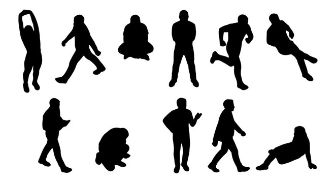 Professional Cad Silhouette Vector Featuring Realistic Top View Human Figures In Creative Motion Poses, Stretching, Walking Diagonally, Sitting Relaxed, Standing Confidently