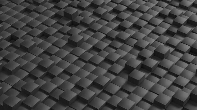 Seamless loop of abstract 3D black cubes moving up and down with procedural noise wave effect