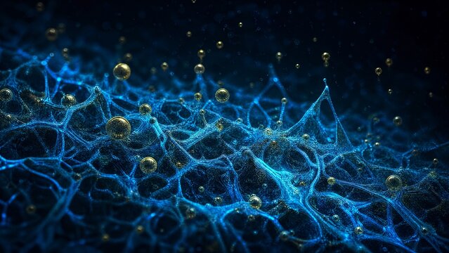 A macro view of an underwater microbial mat as a glowing, electric-blue mycelial network.