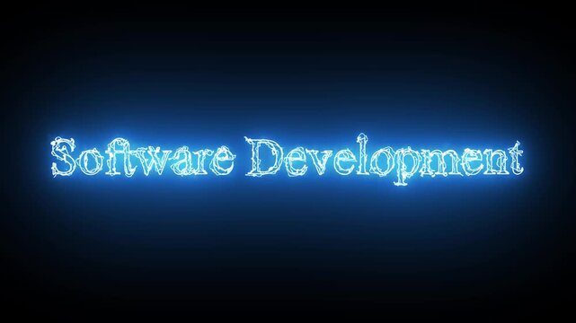 Glowing Blue Neon Text " Software Development" on a Dark Background lettering typography