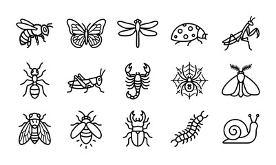 Insect Icons Vector Set: Bee, Butterfly, Dragonfly, Ladybug, Grasshopper, Ant, Scorpion, Spider, Moth, Fly, Beetle, Centipede, Snail © Shahriar