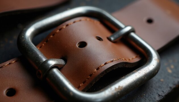 Close-up of brown leather belt with silver metal buckle and visible stitching. Shows texture and detail of fashion accessory. Object is on dark surface.
