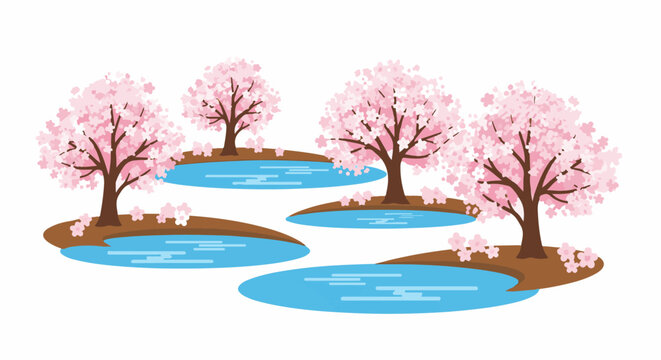 Pink blooming trees on islands in blue water