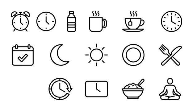Daily Routine Icons: Time, Food, Sleep, and Wellness Vector Set