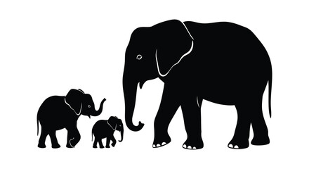Fototapeta premium Elephant family silhouette black and white illustration