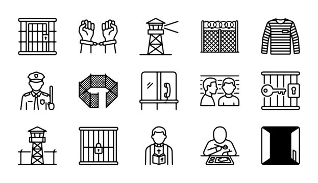 Prison Icons Set: Justice, Security, Incarceration, Law Enforcement, Criminal Justice System