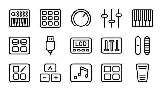 Music Production Icons: Synthesizer, Mixer, Keyboard, USB, LCD Display, Audio Controls