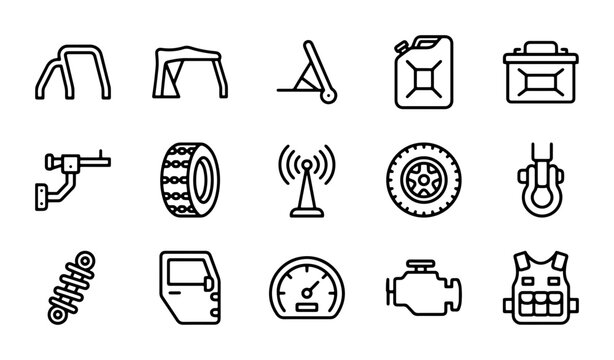 Automotive Parts Icons Set, Vehicle Components Collection, Car Accessories Vector Graphics