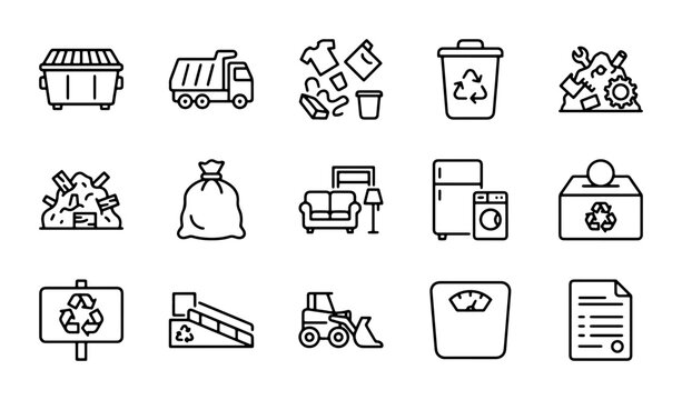 Recycling Icons Set: Waste Management, Dumpster, Truck, Trash Can, Ecology Symbols