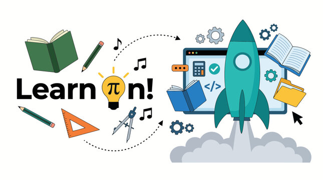 Educational concept illustration featuring a rocket launching from a computer screen with various learning icons.