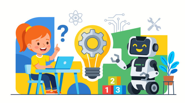 A young girl learning with a friendly robot assistant in a creative classroom setting.