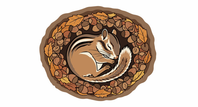 A cute chipmunk sleeping curled up in a nest with nuts and autumn leaves