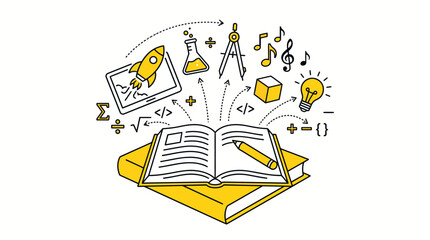 Open book with educational icons and symbols representing learning and creativity. © Rabbani_Ghafurur