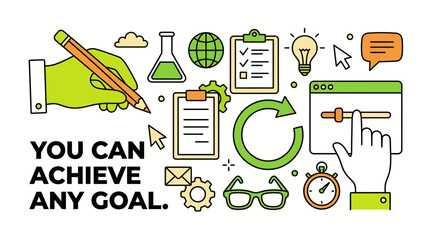 Motivational illustration featuring icons for productivity and goal achievement. © Rabbani_Ghafurur