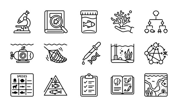 Science Icons Set: Biology, Research, Marine Life, Data Analysis, Education Vector Graphics