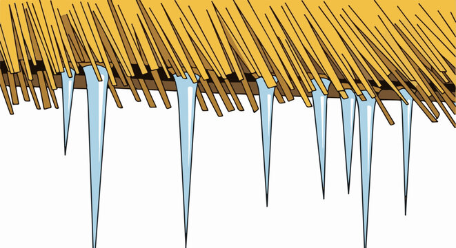 Frozen icicles hang from a thatched roof under a cold sky
