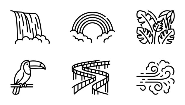 Nature Icons Set: Waterfall, Rainbow, Tropical Leaves, Toucan, Rollercoaster, Wind Elements