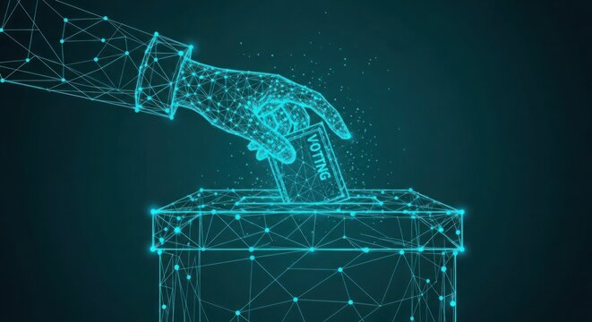 Glowing blue hand casting vote into ballot box with digital network connections