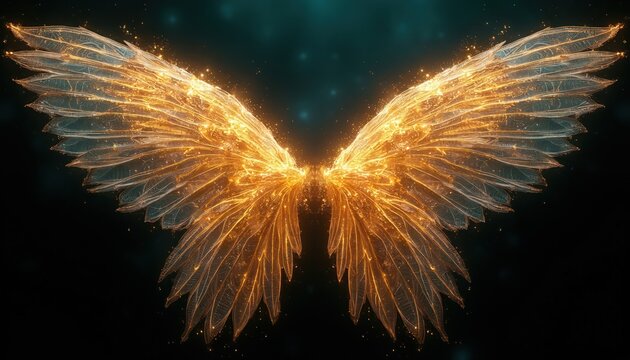 Luminous ethereal wings glow with golden light and sparkles. Feathered appendages spread open against a dark celestial background. Angelic apparition signifies hope and magic.