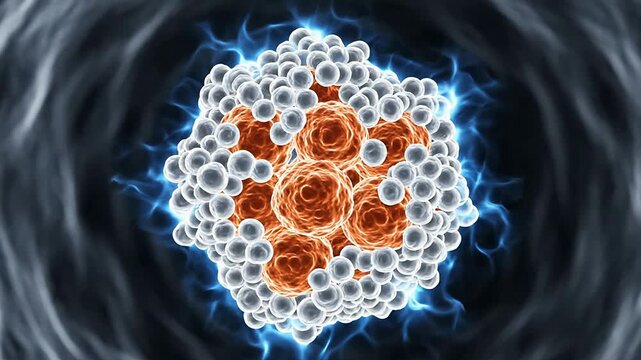 Detailed 3D Rendering of a Cell Nucleus with Vibrant Orange Cells and Energetic Blue Particles for Medical and Educational Visualizations
