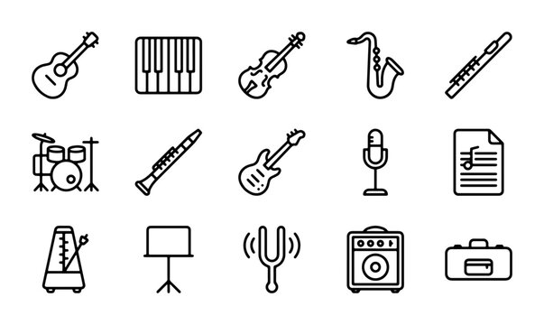 Musical Instrument Icons Set: Guitar, Violin, Saxophone, Drums, Piano, Metronome, Amp